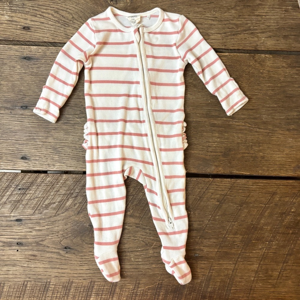 Tullabee Ruffle Footie Zip Romper Striped Cream Folder Over Hands Soft Stretch